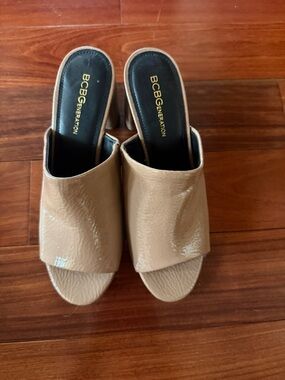 BCBGeneration Patent Leather Open-Toe Mules in Tan